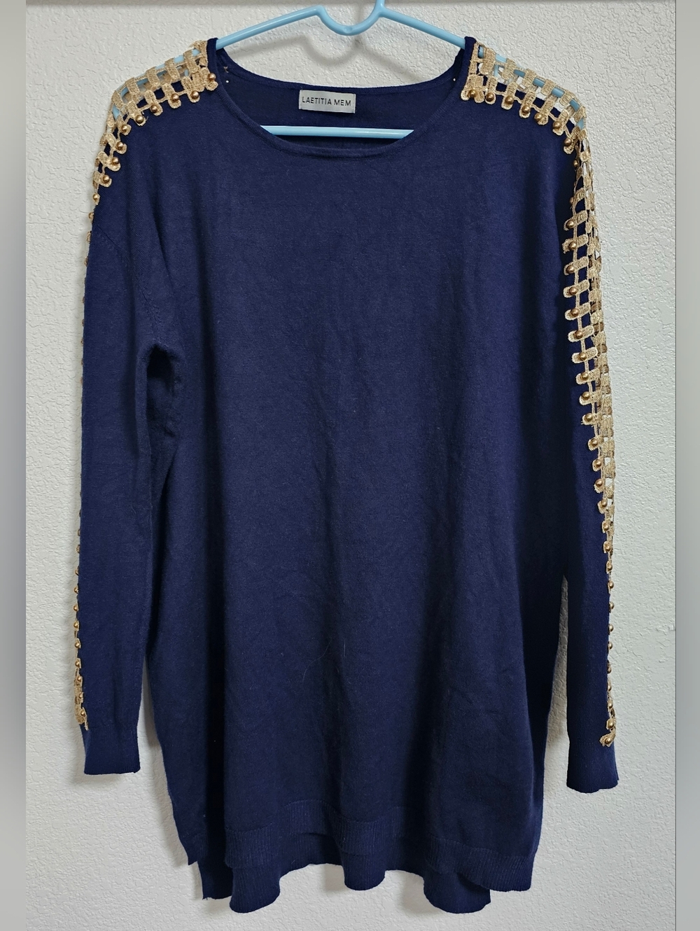 Laetitia Mem Anthropologie Blue Navy Gold Lace tunic sweater M Top medium Italy